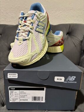 New Balance Pastel Yellow and Pink Running Sneakers with Blue Accents